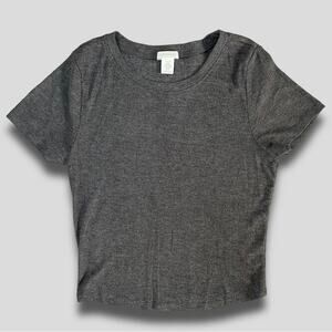 BOZZOLO NWOT MODERN RETRO Y2K RIBBED CROPPED SHIRT CAP SLEEVE GRAY L